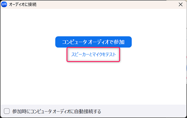 スピーカーとマイクをテスト　をクリック